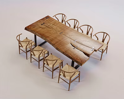 Rustic Wooden Dining Table Set With Rectangular Tabletop And Six Chairs 3d model