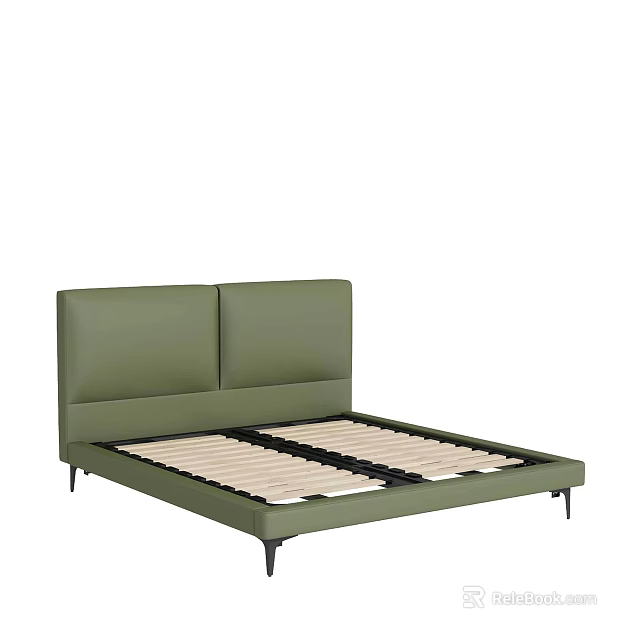 Green Leather Double Bed With Twin Panel Headboard Wooden Slat Base Metal Legs 3d model 