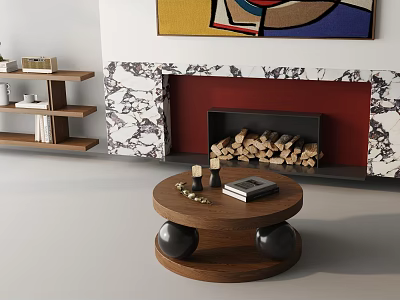 Stylish Marble Fireplace with Stacked Wood Logs Round Wooden Coffee Table and Wall Painting 3d model
