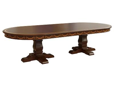 Oval Shaped Dark Brown Wooden Desk With Carved Edge Details And Double Pedestal Base 3d model