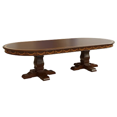 Oval Shaped Dark Brown Wooden Desk With Carved Edge Details And Double Pedestal Base 3d model