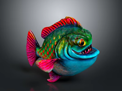 Cartoon Style Colorful Fish With Green Blue Red Pink Scales Big Eyes And Sharp Teeth 3d model