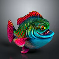 Cartoon Style Colorful Fish With Green Blue Red Pink Scales Big Eyes And Sharp Teeth