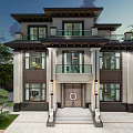Chinese Style Two Story Detached Villa With Symmetrical Design Front Door And Courtyard Greenery
