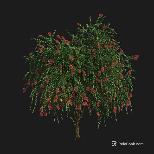 Vibrant Lush Shrub with Green Leaves Red Flowers and Drooping Branches 3d model 