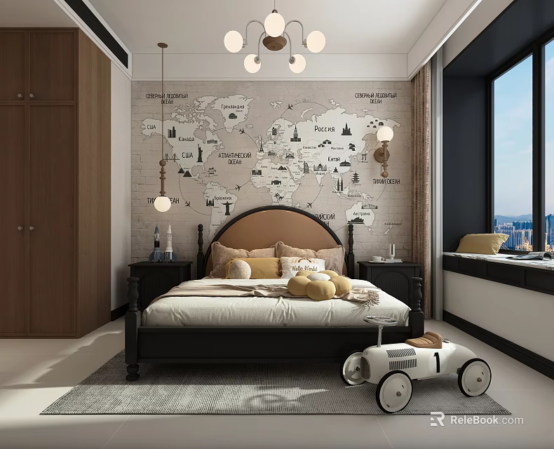 Modern Bedroom With World Map Wallpaper Hanging Chandelier Wooden Wardrobe And Toy Car 3d model 