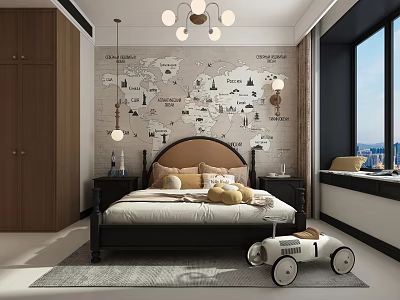 Modern Bedroom With World Map Wallpaper Hanging Chandelier Wooden Wardrobe And Toy Car 3d model
