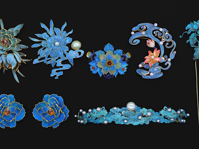 Exquisite Traditional Blue Floral Ornaments with Pearls and Intricate Details 3d model