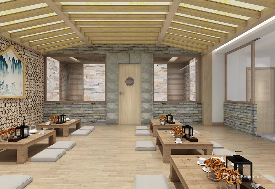 Serene SPA Sauna Space With Wooden Ceiling Stone Walls Tables Black Lanterns And Orange Flowers 3d model 