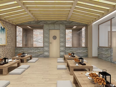 Serene SPA Sauna Space With Wooden Ceiling Stone Walls Tables Black Lanterns And Orange Flowers 3d model