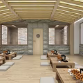 Serene SPA Sauna Space With Wooden Ceiling Stone Walls Tables Black Lanterns And Orange Flowers