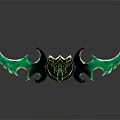 Green Glowing Double Scythe Weapon With Flame Shaped Edges And Central Emblem