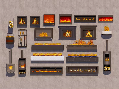 Various Modern Fireplace Designs With Different Shapes And Burning Flames 3d model