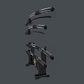 Traditional Samurai Swords with Black Handles Gold Decorations Sheaths and Decorative Stand with Circular Emblem
