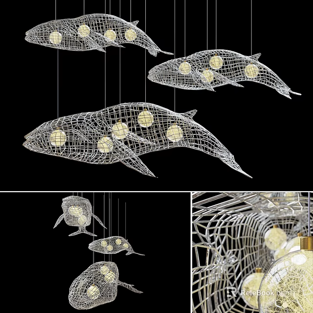 Creative Whale Shaped Wire Mesh Chandelier With Hanging Light Bulbs Design 3d model