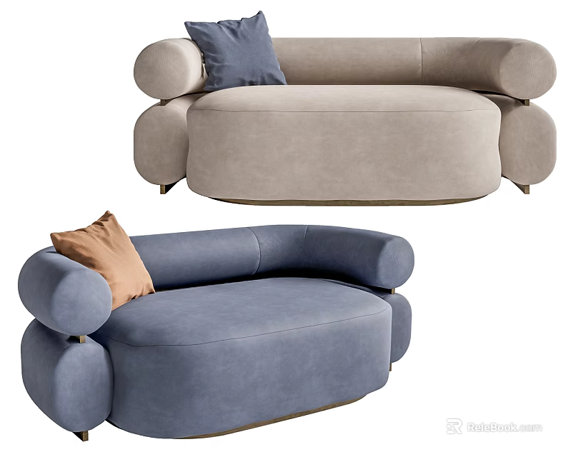 Modern Light Gray And Blue Sofa With Rounded Armrests Metal Legs And Pillows 3d model 
