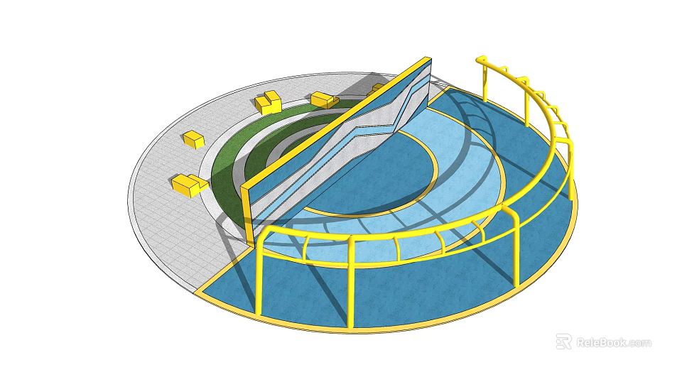 Modern Circular Platform With Yellow Railings Blue Green Colored Sections And Gray Paved Ground 3d model 