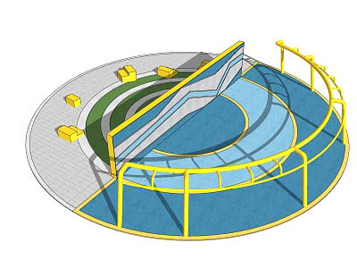 Modern Circular Platform With Yellow Railings Blue Green Colored Sections And Gray Paved Ground 3d model