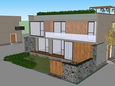 Two Story Guesthouse Building With Stone Walls Wooden Panels Large Windows Balcony Green Roof Garden 3d model