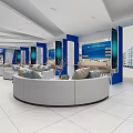 Modern Bright Interior With Gray Curved Sofa Round Coffee Table And Blue Panels 3d model