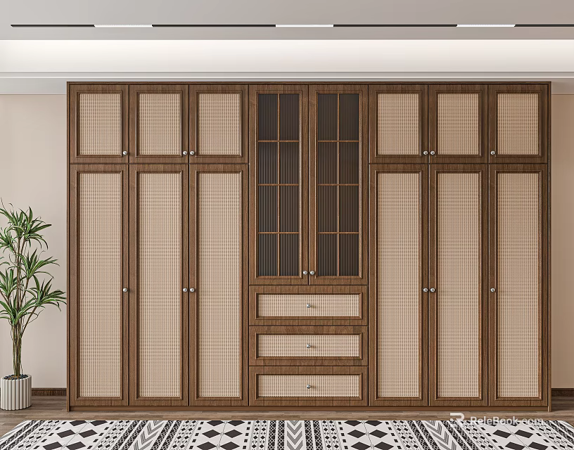 Modern Wooden Wardrobe Design With Lattice Panel Doors And Storage Drawers 3d model 