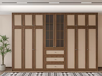 Modern Wooden Wardrobe Design With Lattice Panel Doors And Storage Drawers 3d model