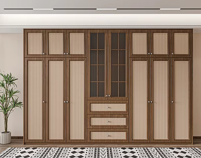 Modern Wooden Wardrobe Design With Lattice Panel Doors And Storage Drawers 3d model