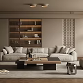 Modern Living Room Interior With Light Gray Sofa Built in Bookshelf And Wooden Coffee Table