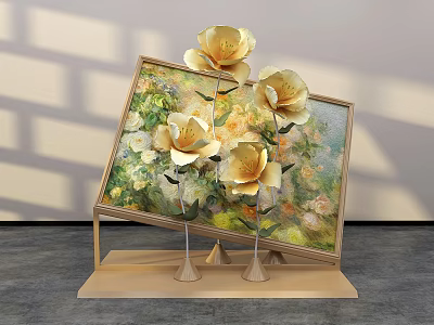 Floral Painting With Golden Flowers On Display Stand As Artistic Photo Check-in Spot 3d model