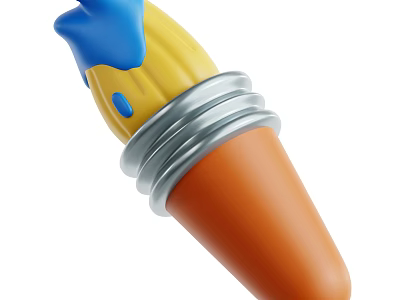 Colorful Paintbrush with Blue Yellow Paint Orange Handle Silver Metal Rings for Art Painting 3d model