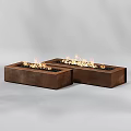 Brown Rectangular Fire Pits With Burning Flames And Black Gravel 3d model