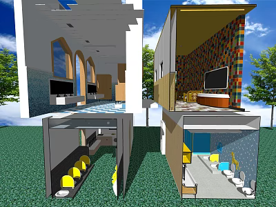 Modern Public Toilet Design With Colorful Walls Windows Clean Facilities And Green Plants 3d model