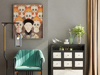 Dark Decorative Cabinet with Drawers with Teal Chair Flower Vase and Wall Art in Room 3d model