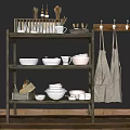 Rustic Wooden Shelving Unit Holding Bowls Mugs Plates and Hanging Aprons Against Dark Wall