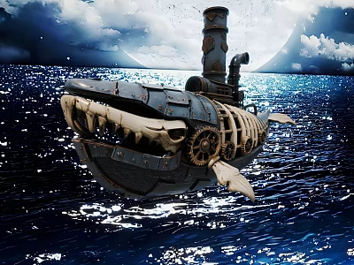 Steampunk Shark Shaped Submarine In Moonlit Ocean With Metal Gears And Structure 3d model