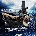 Steampunk Shark Shaped Submarine In Moonlit Ocean With Metal Gears And Structure