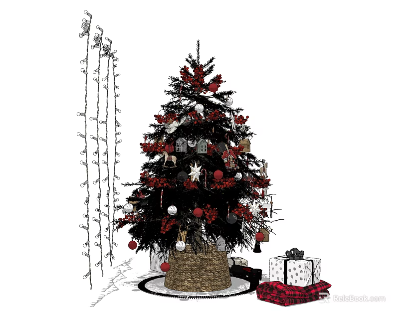 Decorated Christmas Tree With Red Ornaments Gifts And Festive Lights 3d model 