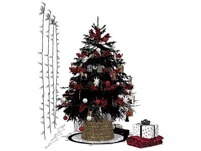 Decorated Christmas Tree With Red Ornaments Gifts And Festive Lights 3d model