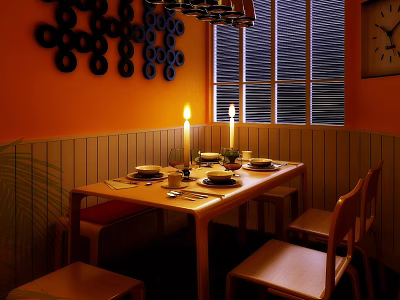 Warm Restaurant Interior With Orange Walls Black Circular Decorations Window Blinds Wooden Table And Candles 3d model