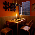 Warm Restaurant Interior With Orange Walls Black Circular Decorations Window Blinds Wooden Table And Candles