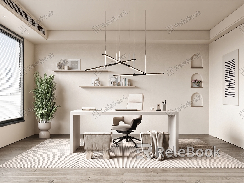 Cream Style Study Desk Single Chair Stool Background Wall Chandelier Hanging Picture Green Plant model