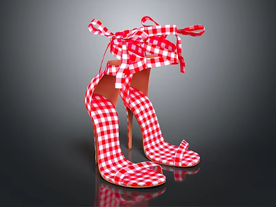 Fashionable Red And White Checkered Open Toe High Heels With Bow Tie Laces 3d model