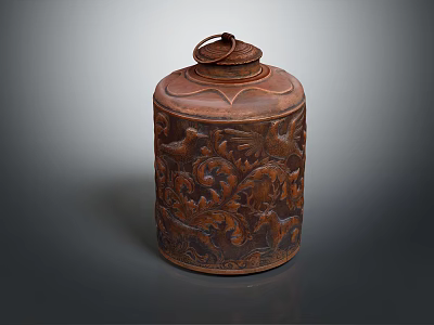 Brown Decorative Storage Jar With Carved Animal Patterns And Ring Shaped Lid 3d model