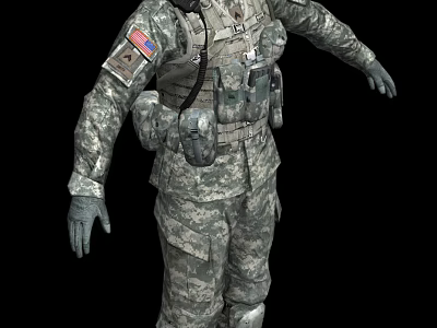 Military Soldier Wearing Camouflage Uniform With Tactical Gear Backpack and Red Blue Badge 3d model