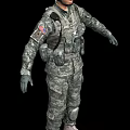 Military Soldier Wearing Camouflage Uniform With Tactical Gear Backpack and Red Blue Badge