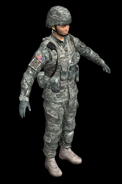 Military Soldier Wearing Camouflage Uniform With Tactical Gear Backpack and Red Blue Badge 3d model