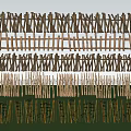 Various Wooden Fence Designs With Green Grass Field And Blue Sky