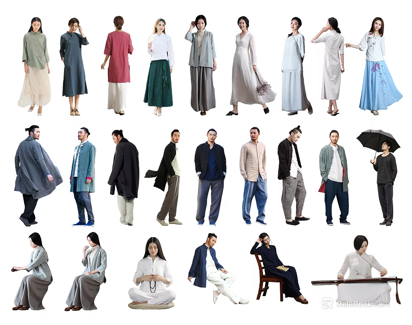 Group of Men and Women Wearing Different Traditional Fashion Attire and Various Poses 3d model 