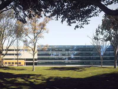 Modern Hospital Building with Glass Curtain Wall Surrounded by Green Trees and Lawn 3d model