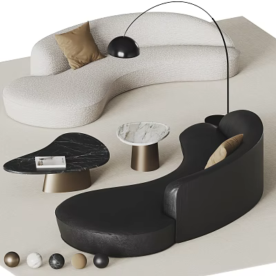 Modern Sectional Sofa White and Black with Marble Coffee Tables Metal Bases Brown Cushions 3d model